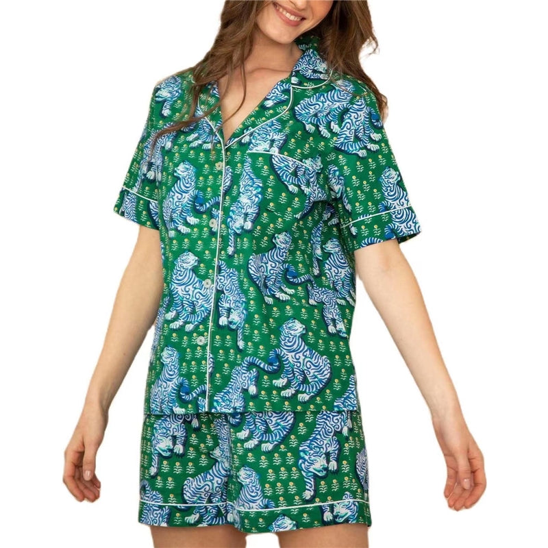 Women Fashion Casual Print Short-Sleeve Top Loose Shorts Pajamas Two-Piece Set