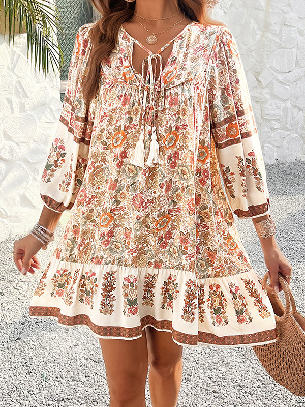 A-Line Loose Contrast Color Drawstring Flower Print Pleated Split-Joint V-Neck Mini Dresses