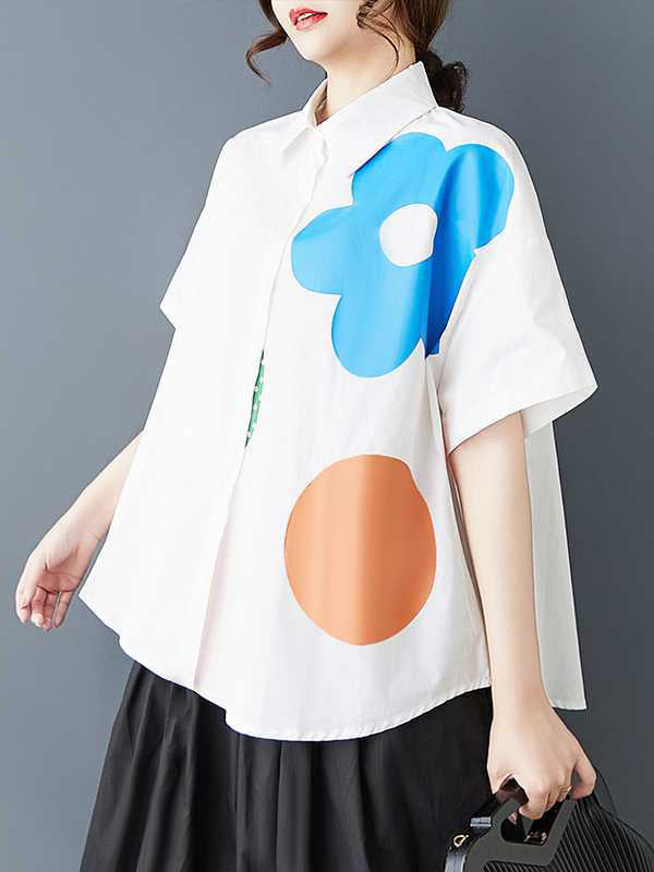 Loose Short Sleeves Buttoned Flower Print Lapel Blouses&Shirts Tops
