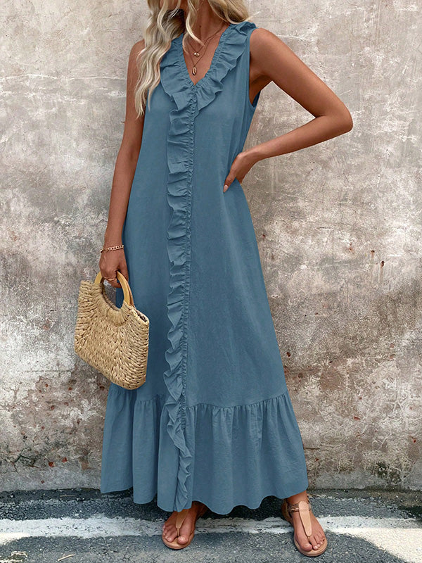 A-Line Loose Pleated Ruffle Trim Solid Color V-Neck Maxi Dresses