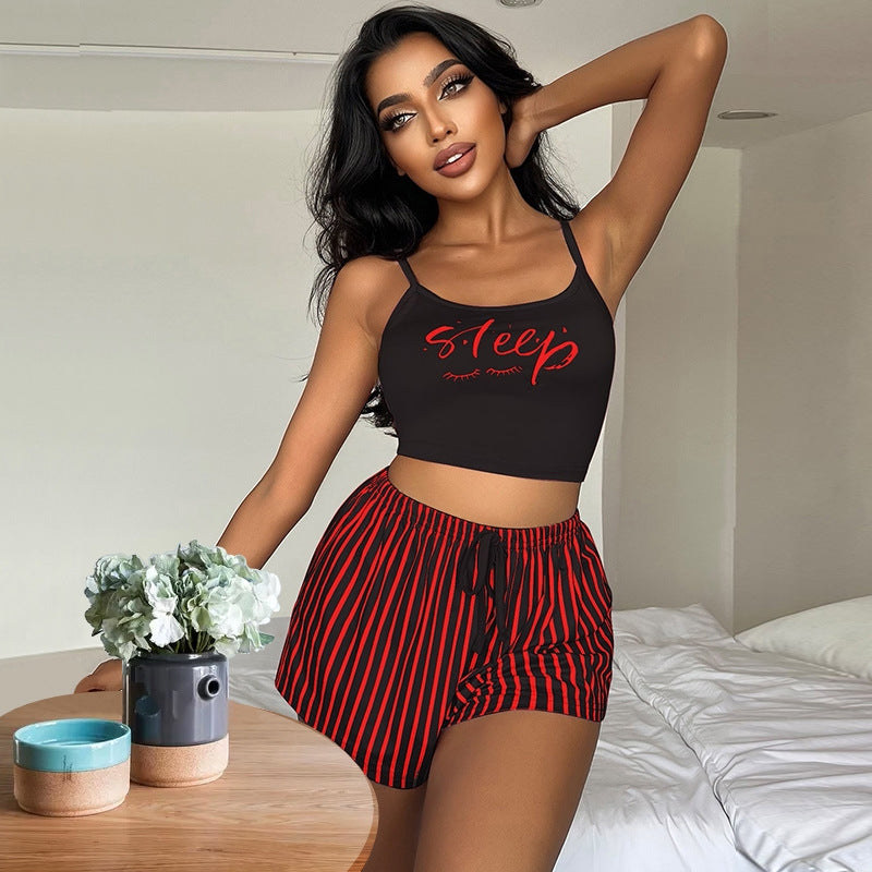 Women Fashion Sexy Letter Printed Camisole Loose Stripe Drawstring Shorts Pajamas Two-Piece Set