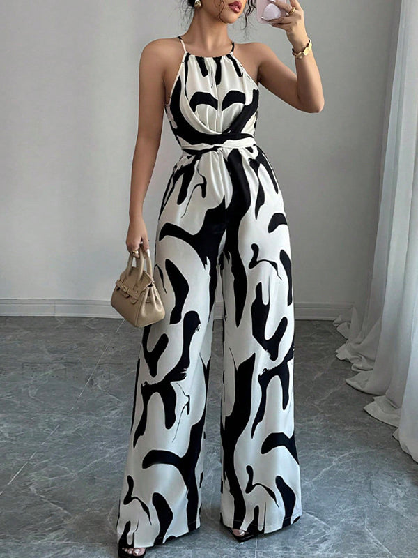 Loose Sleeveless Contrast Color Pleated Spaghetti-Neck Jumpsuits