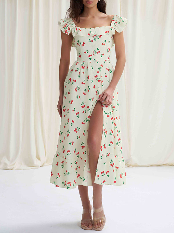 High Waisted Loose Buttoned Elasticity Flower Print Pleated Square-Neck Midi Dresses