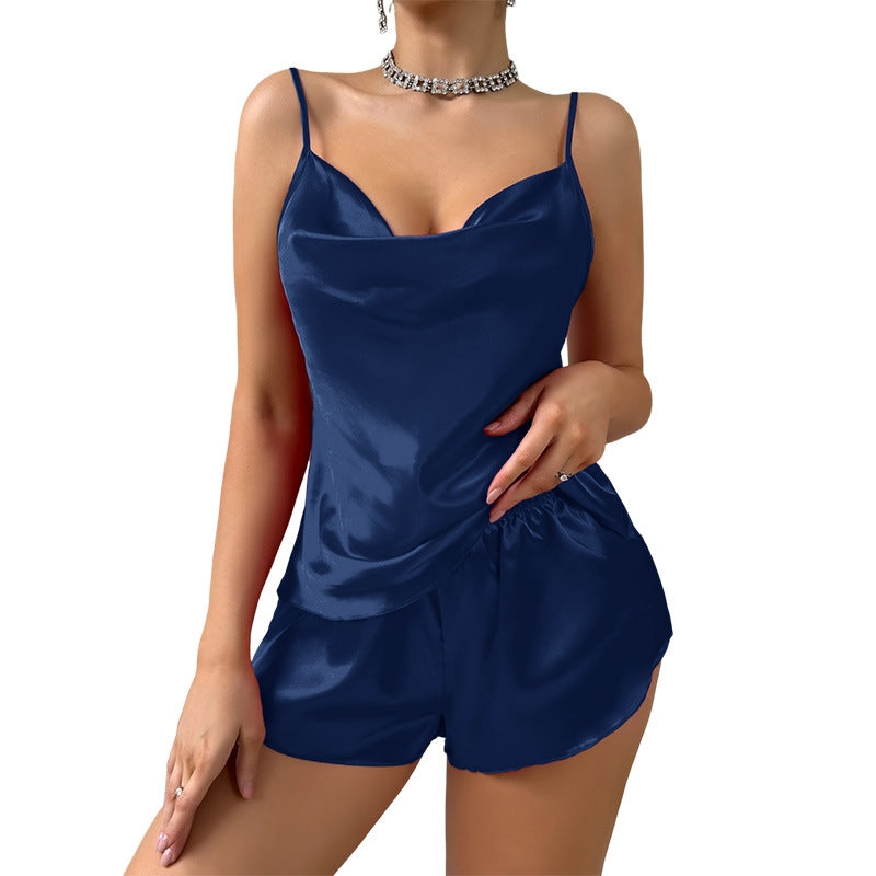 Women Fashion Sexy Solid Color Simulation Silk Breathable Pajamas Set