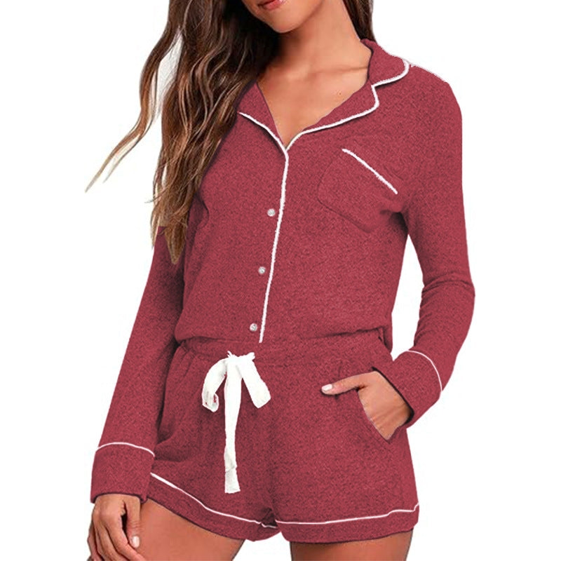 Women Fashion Casual Lapel Long Sleeve Pocket Top Drawstring Shorts Pajamas Two-Piece Set