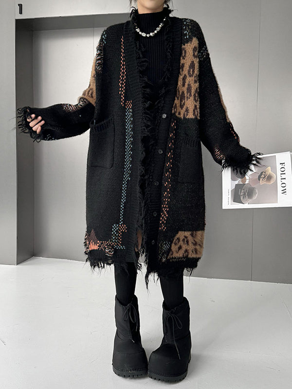 Hipster Long Sleeves Asymmetric Buttoned Contrast Color Leopard Pockets Split-Joint V-Neck Cardigan Tops
