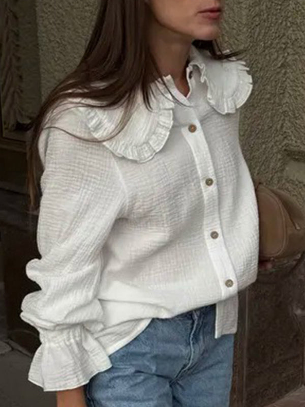 Long Sleeves Ruffled See-Through Split-Joint Peter Pan Collar Blouses&Shirts Tops