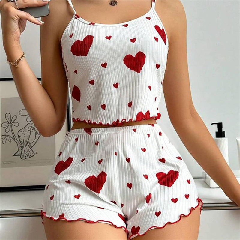 Women Fashion Sexy Strip Love Print Camisole Slim Fit Shorts Pajamas Two-Piece Set