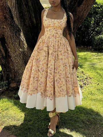 A-Line High Waisted Buttoned Flower Print Pleated Zipper Spaghetti-Neck Maxi Dresses