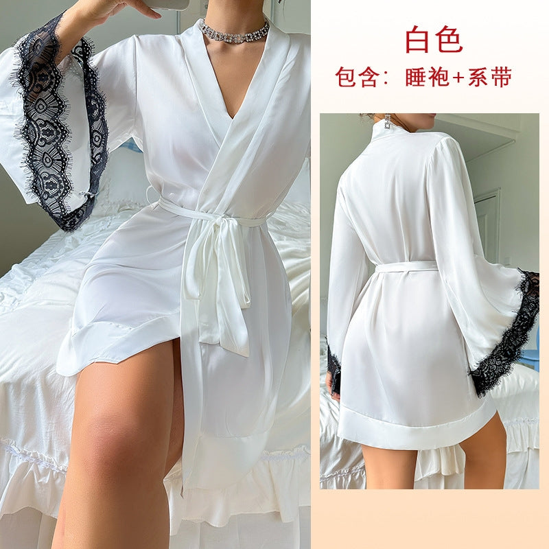 Women Fashion Sexy V-Neck Lace Long Sleeve Satin Home Pajamas