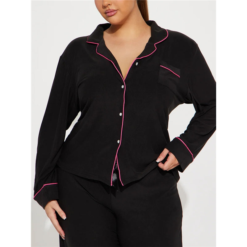 Women Fashion Casual Autumn And Winter Printed Lapel Long Sleeve Top Loose Pants Pajamas Set