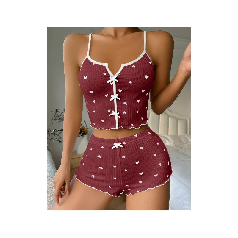 Women Fashion Sexy Printed Bowknot Camisole Slim-Fit Shorts Pajamas Two-Piece Set