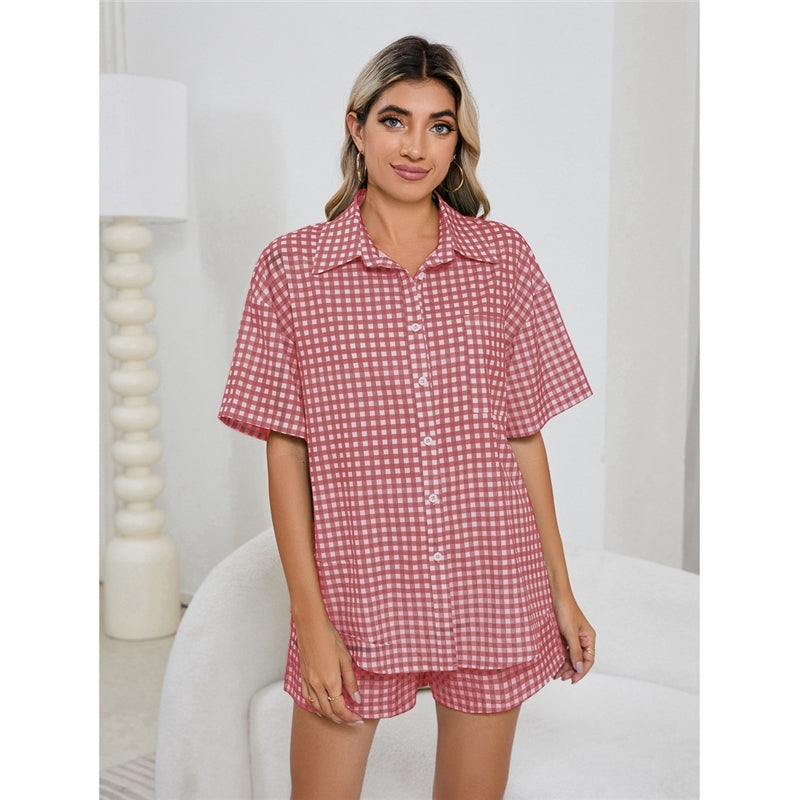 Women Fashion Casual Plaid Printed Lapel Short-Sleeve Blouse High Waist Loose Shorts Pajamas Two-Piece Set