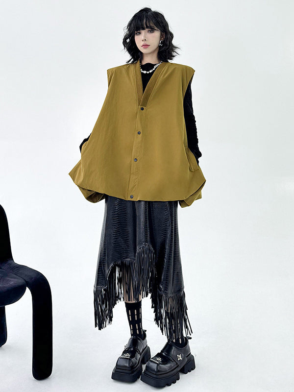 A-Line Hipster Buttoned Solid Color V-Neck Vest Top