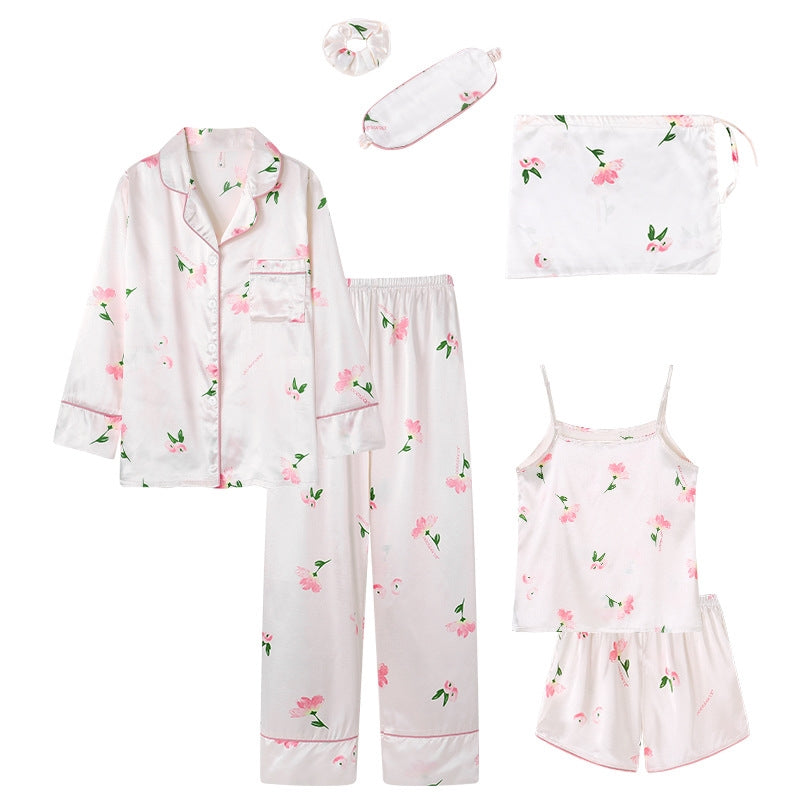 Women Simple Casual Stripe Printed Thin Pajamas Seven-Piece Set