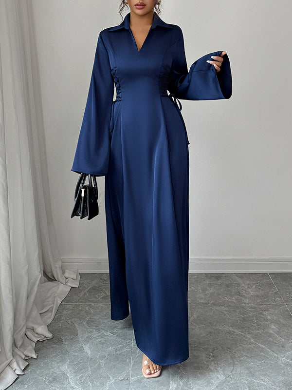 Flared Sleeves High Waisted Solid Color Tied Lapel Maxi Dresses