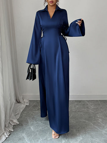 Flared Sleeves High Waisted Solid Color Tied Lapel Maxi Dresses