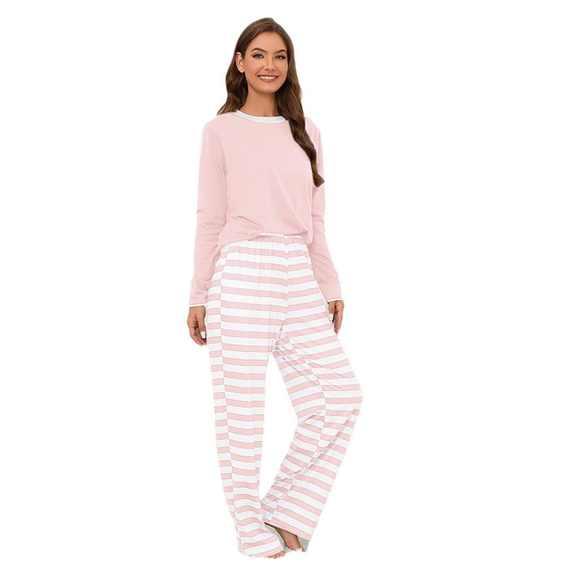Women Fashion Casual Long Sleeve Sweatshirt Stripe Pants Pajamas Two-Piece Set