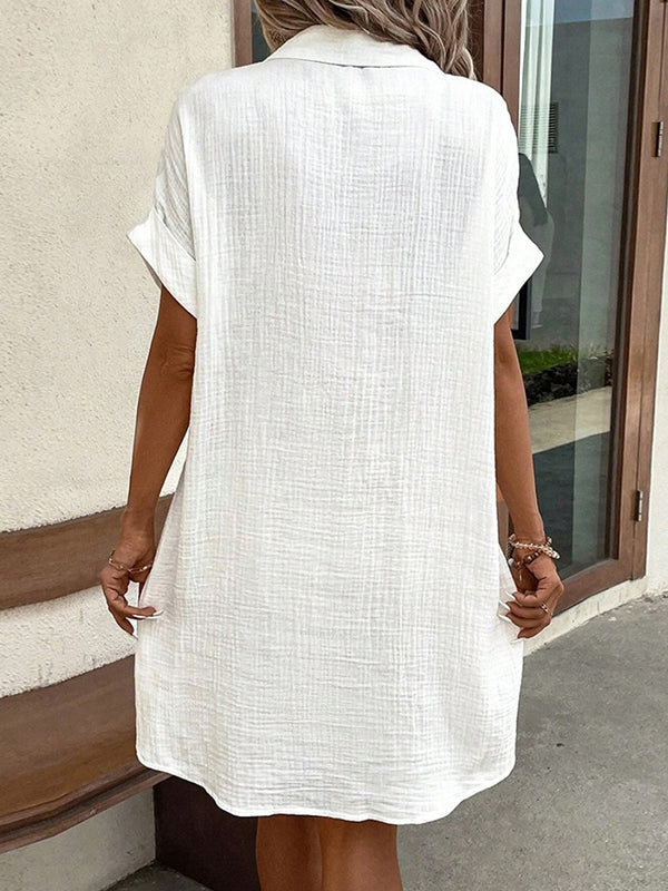Loose Short Sleeves Buttoned Pockets Lapel Mini Dresses