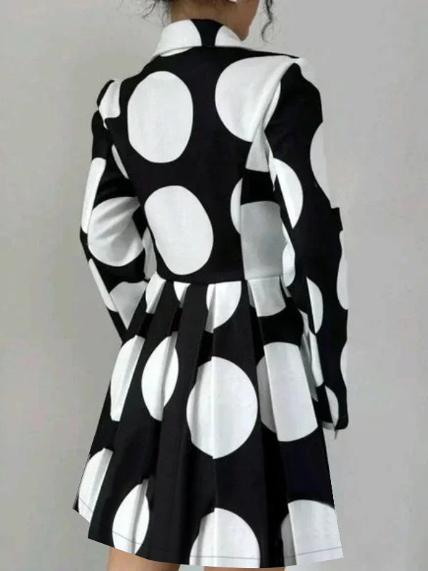 A-line High Waisted Buttoned Contrast Color Pleated Polka-Dot Lapel Mini Dresses