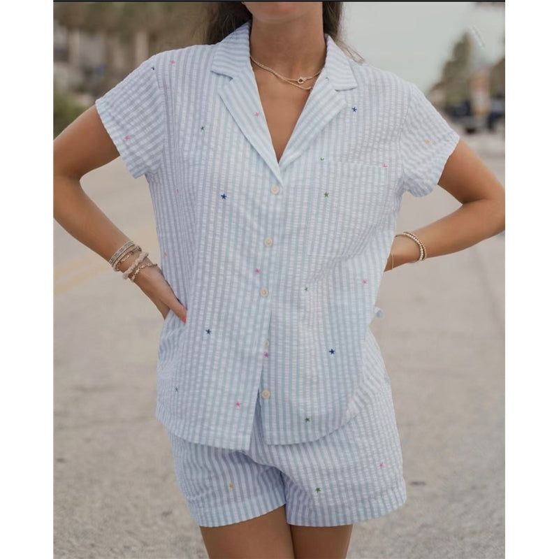 Women Fashion Casual Love Printed Lapel Short-Sleeve Blouse Loose Shorts Pajamas Two-Piece Set