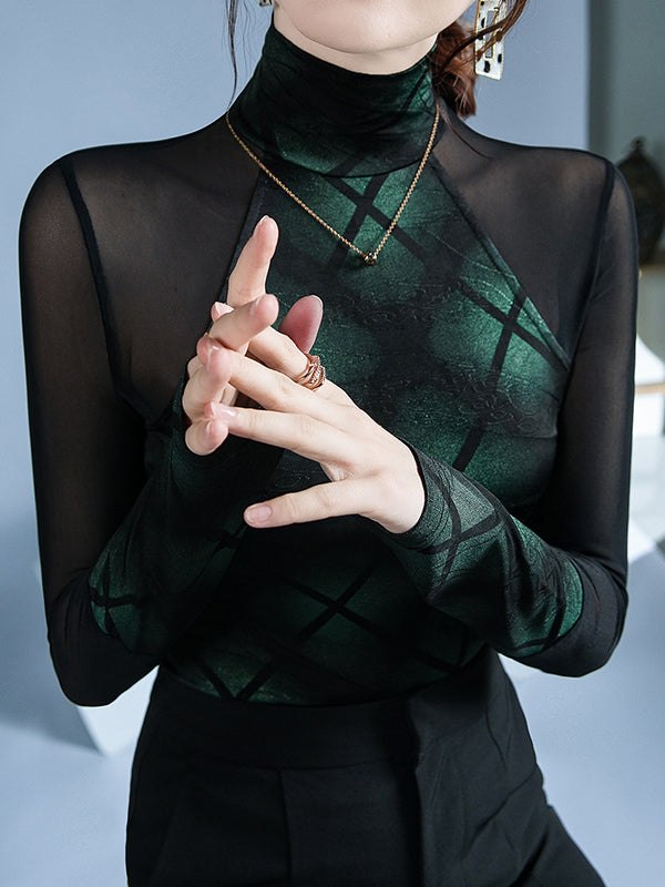 Long Sleeves Skinny Split-Joint High Neck T-Shirts Tops