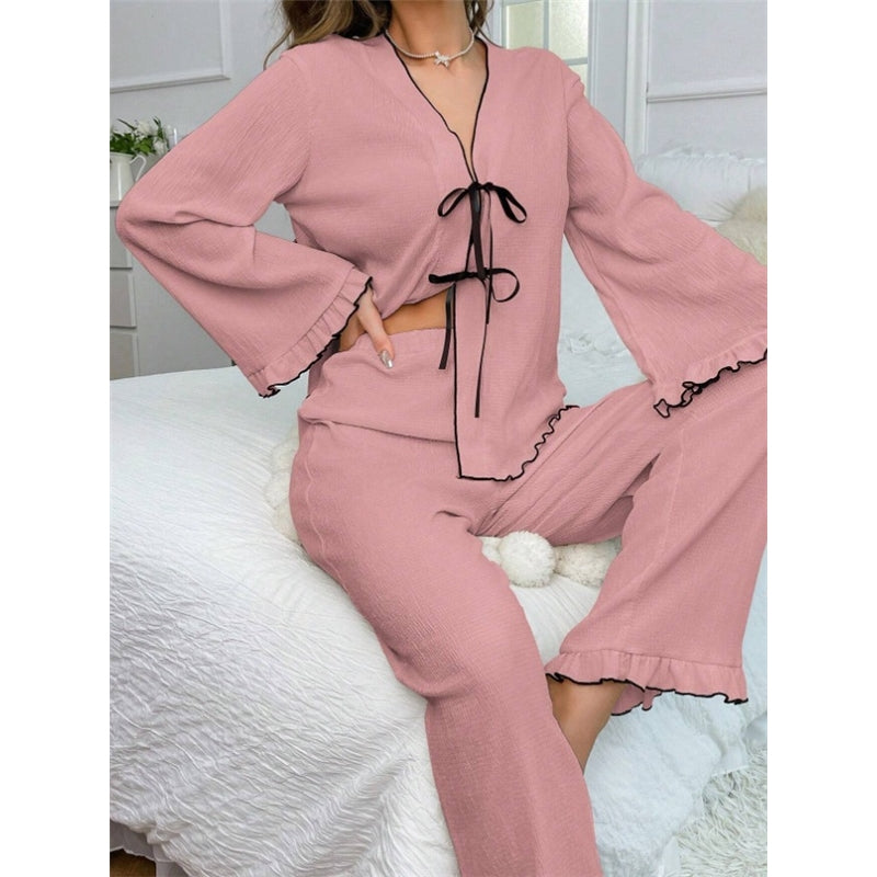 Women Fashion Casual Solid Color Long Sleeve Lace-Up Top Loose Pants Pajamas Two-Piece Set