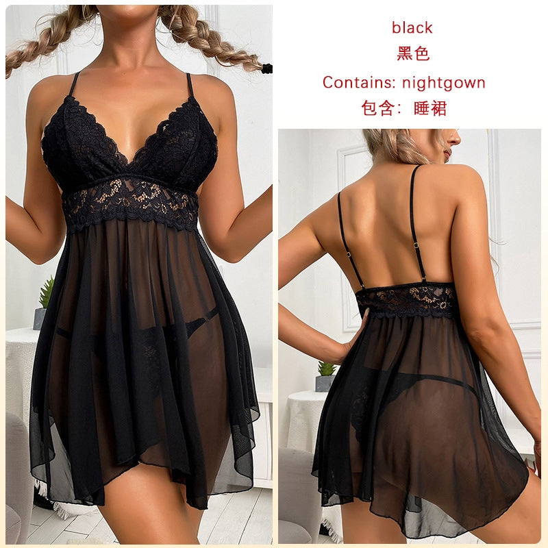 Women Fashion Sexy Deep V Lace Mesh Perspective Sexy Pajamas