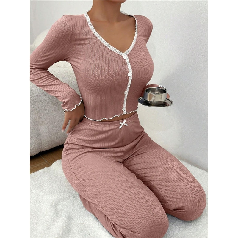 Women Casual Solid Color Lace Pajamas Longewear