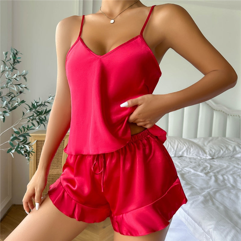 Women Fashion Sexy Solid Color Ice Silk Camisole Loose Shorts Pajamas Two-Piece Set