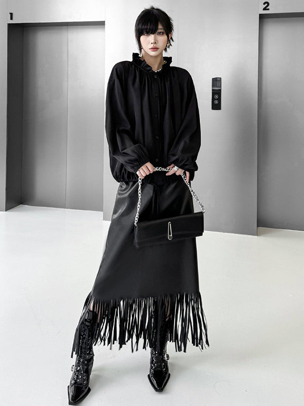 Long Sleeves Loose Drawstring Pleated Pullover Design Solid Color Lace Collar Blouses&Shirts Tops