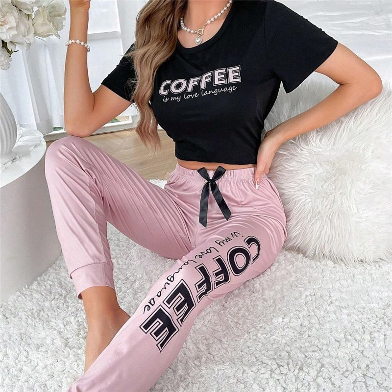Women Fashion Casual Printed Short Sleeve T-Shirt Drawstring Pants Pajamas Two-Piece Set