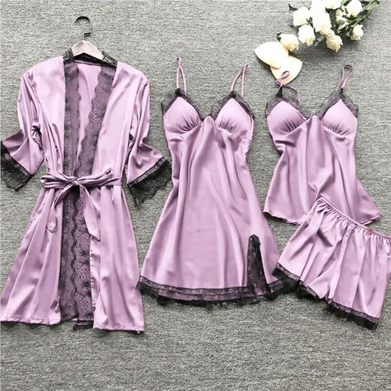 Women Sexy Solid Color Four-Piece Sling Pajamas