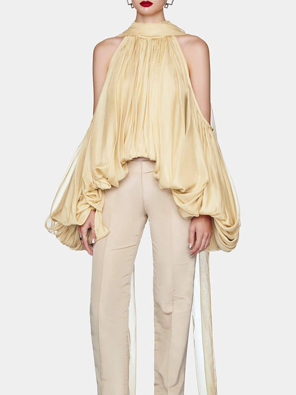 Long Sleeves Loose Pleated Solid Color Tied Halter-Neck Blouses&Shirts Tops