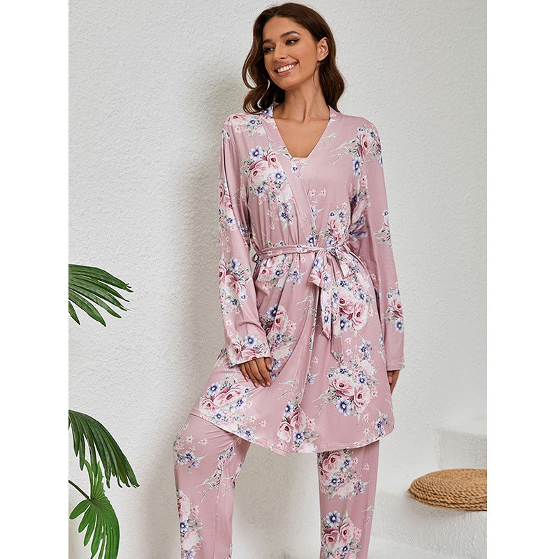 Women Fashion Casual Printed Camisole Loose Pants Long-Sleeve Coat Pajamas Three-Piece Set