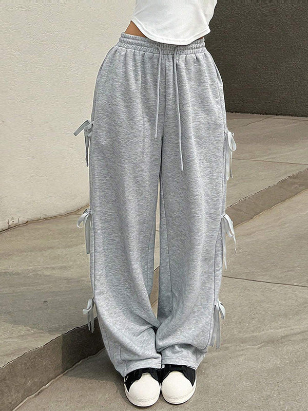 High Waisted Loose Drawstring Elasticity Solid Color Split-Joint Pants Trousers