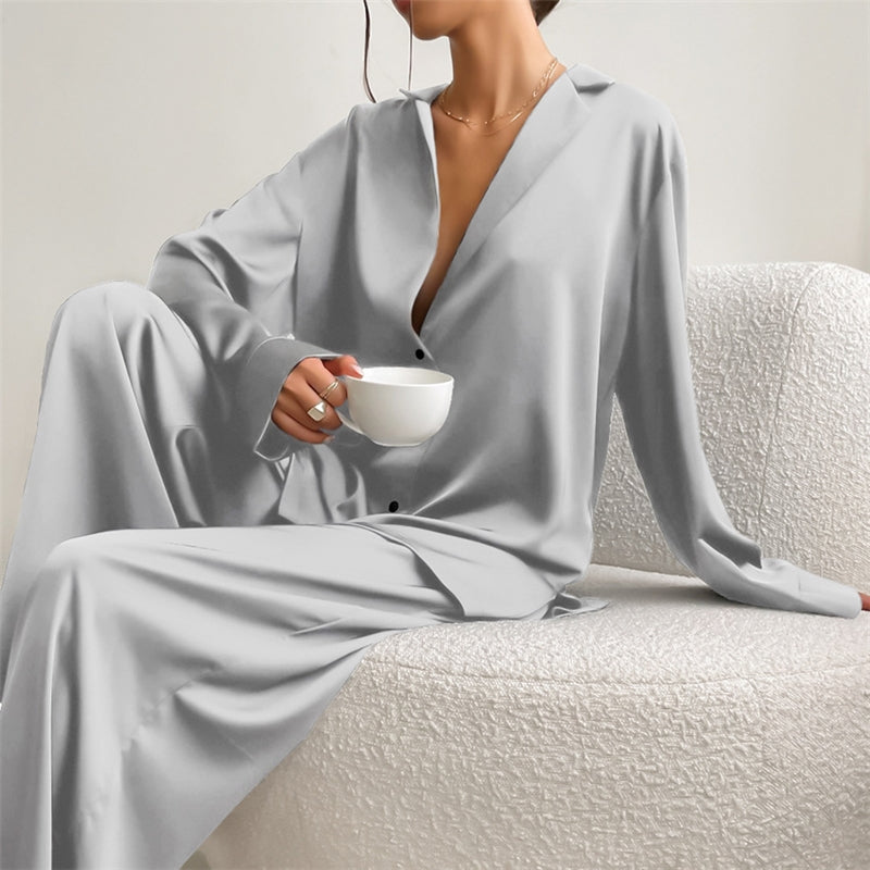 Women Fashion Casual Solid Color Ice Silk Lapel Long-Sleeve Loose Pants Pajamas Two-Piece Set