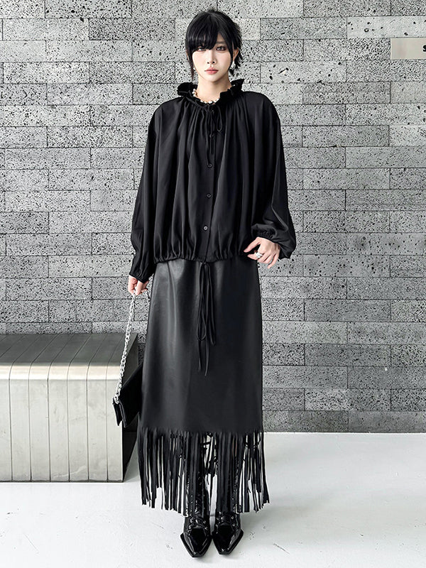 Long Sleeves Loose Drawstring Pleated Pullover Design Solid Color Lace Collar Blouses&Shirts Tops