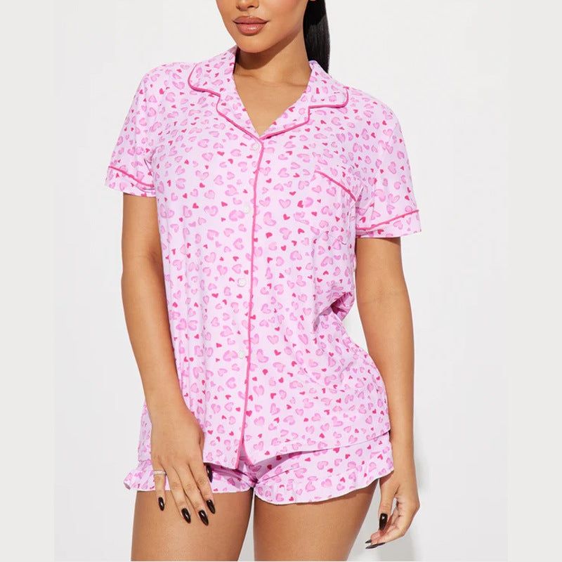 Women Fashion Casual Printed Lapel Short Sleeve Top Loose Shorts Pajamas Set