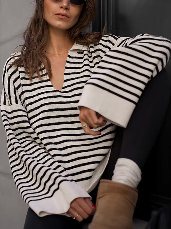 Long Sleeves Loose Split-Joint Striped Lapel Sweater Tops