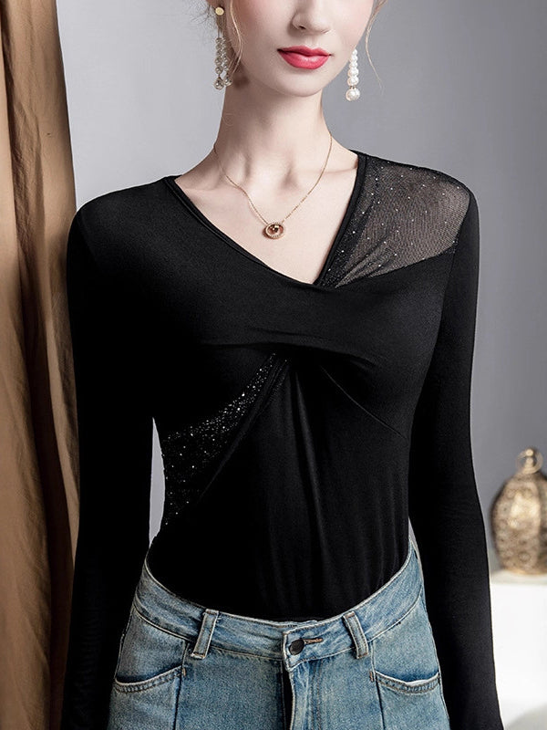 Irregularity Long Sleeves Mesh Slightly Sheer Split-Joint V-Neck T-Shirts