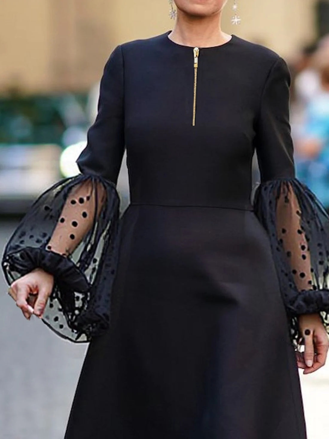 A-Line Long Sleeves Mesh Patchwork Polka-Dot Split-Joint Zipper Round-Neck Midi Dresses