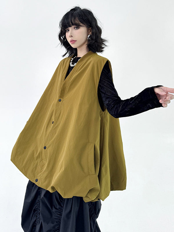 A-Line Hipster Buttoned Solid Color V-Neck Vest Top