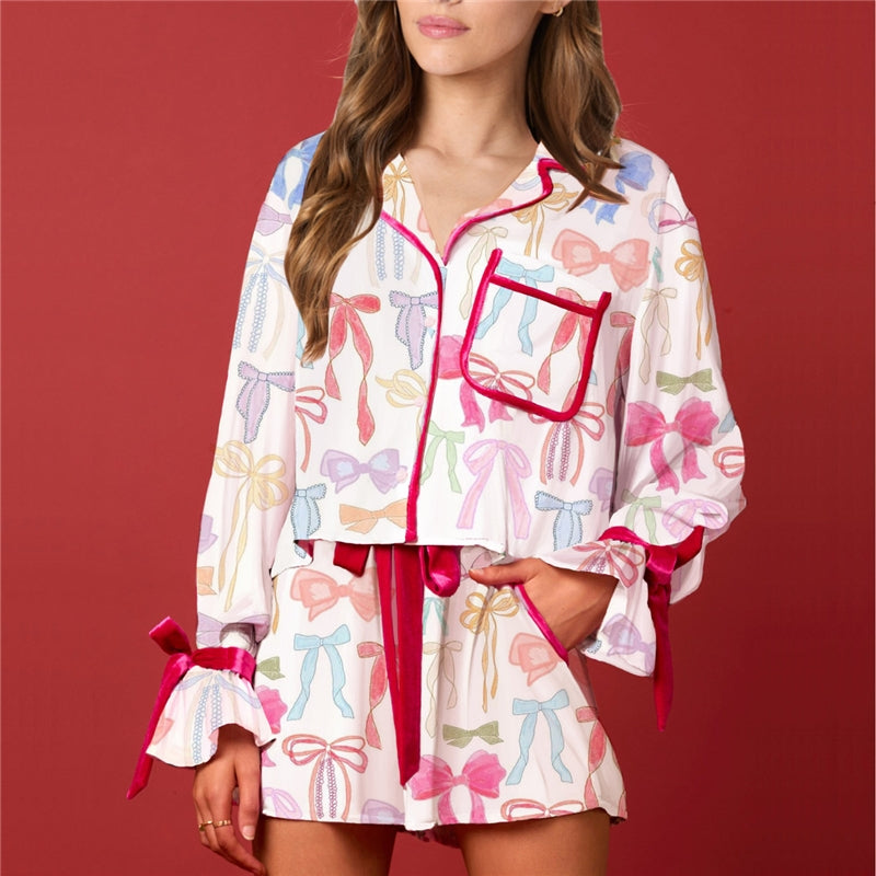 Women Fashion Casual Printed Loose Lapel Long-Sleeve Lace-Up Shorts Pajamas Two-Piece Set