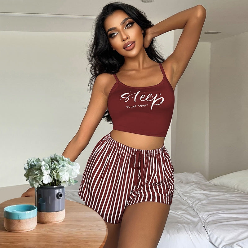 Women Fashion Sexy Letter Printed Camisole Loose Stripe Drawstring Shorts Pajamas Two-Piece Set