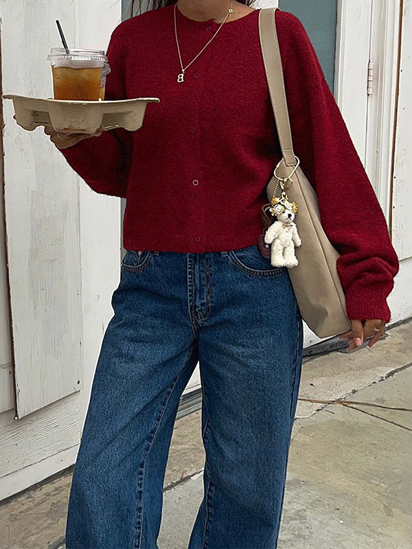 Long Sleeves Loose Buttoned Solid Color Round-Neck Cardigan Tops