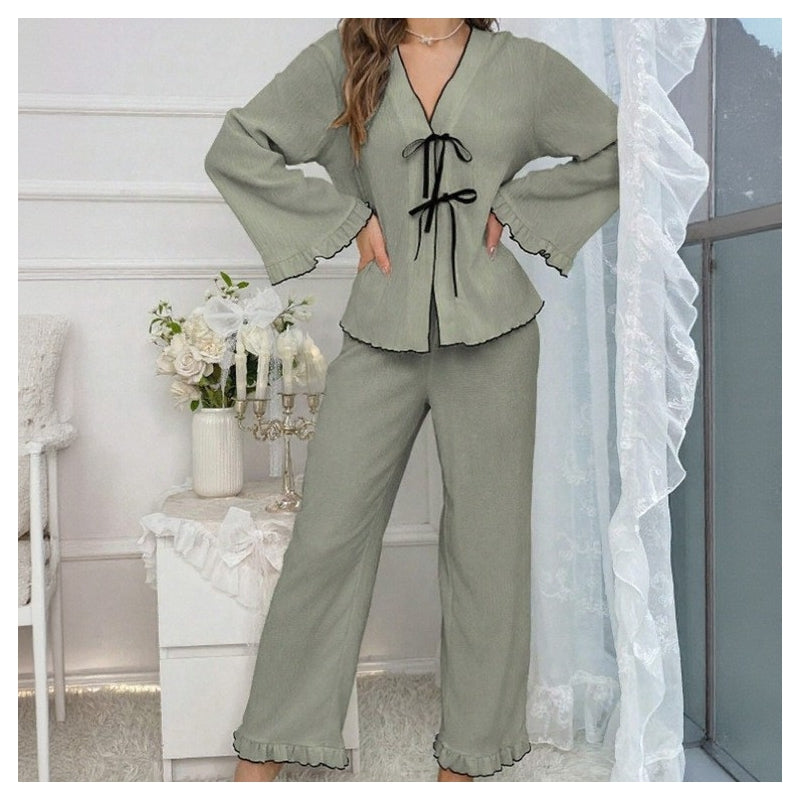 Women Fashion Casual Solid Color Long Sleeve Lace-Up Top Loose Pants Pajamas Two-Piece Set