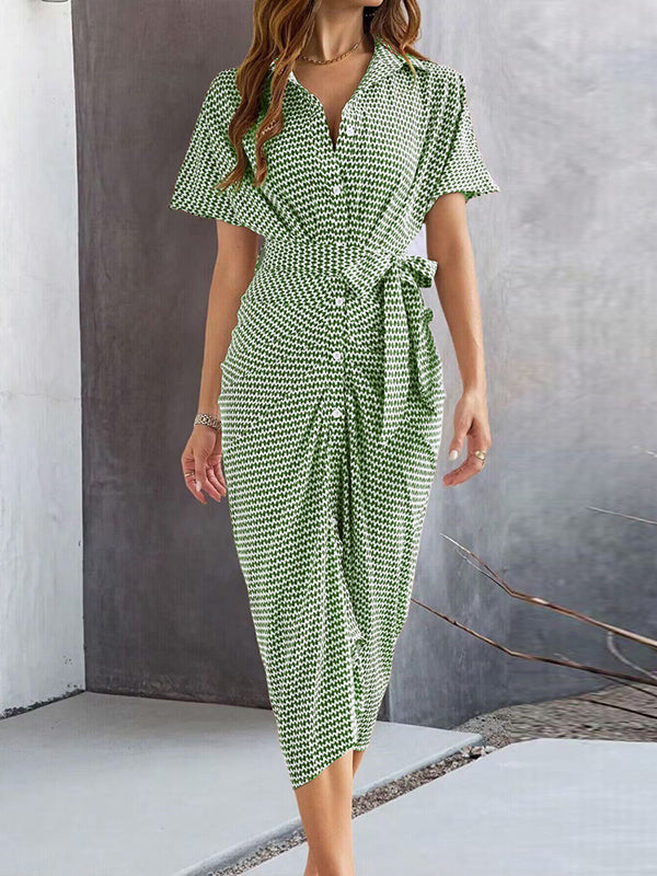 Bodycon Half Sleeves Buttoned Contrast Color Tied Waist Lapel Midi Dresses