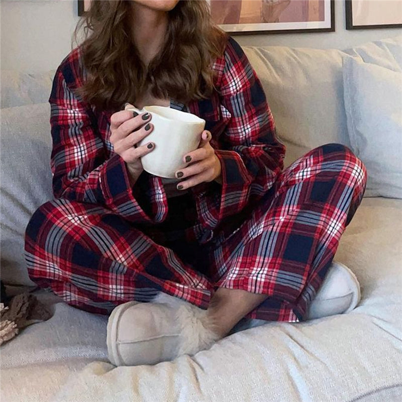 Women Fashion Casual Plaid Printe Lapel Long-Sleeve Blouse Loose Pants Pajamas Two-Piece Set