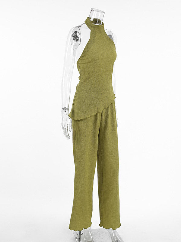 Solid Color Pleated Sleeveless Asymmetric High Neck Vest + Wide Leg Pants Two Pieces Set